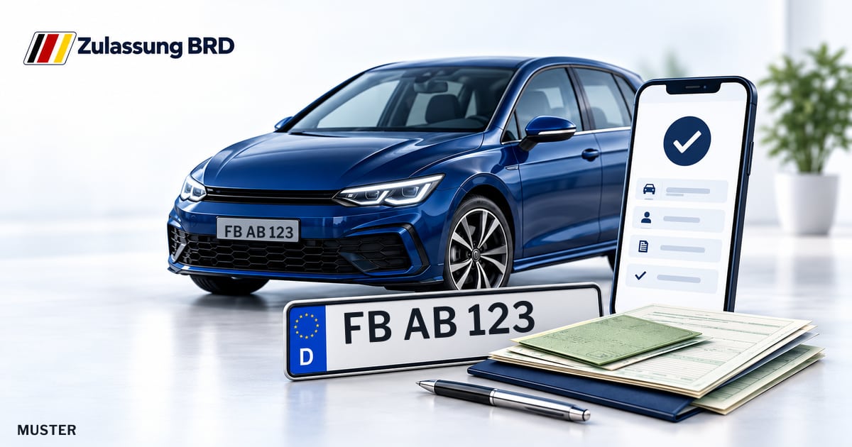 Online Fahrzeugzulassung in Florstadt: Musterkennzeichen FB AB 123, Auto und Fahrzeugpapiere und Smartphone. Illustration mit Logo von Zulassung BRD.